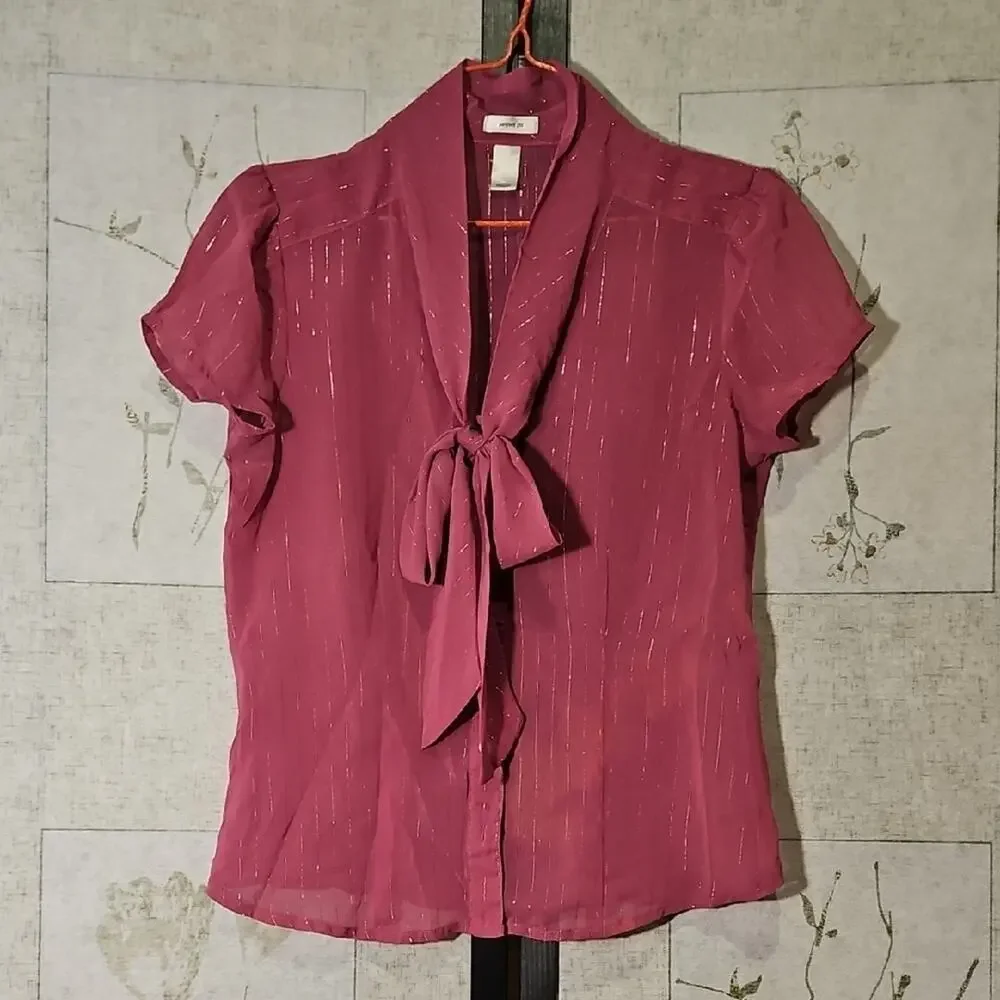 Old Navy Pink Blouse with Puff Sleeves and Tie Front